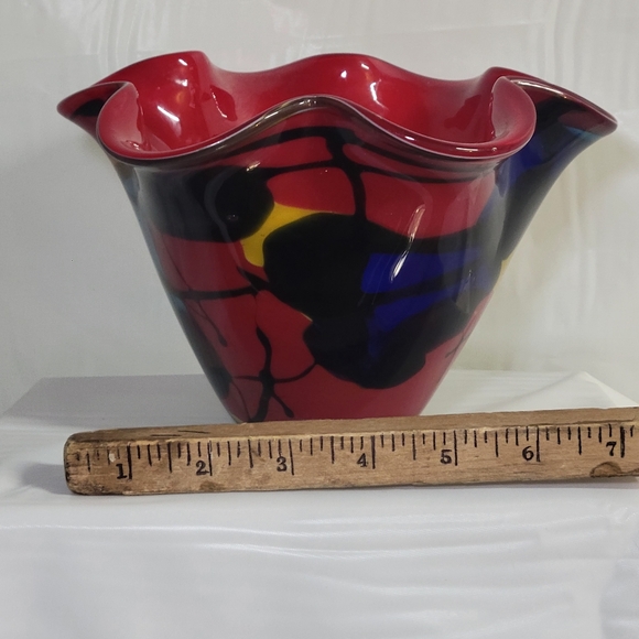 Murano Style Hand Blown Art Glass Ruffled Biwl Red Multi-Color Abstract - Picture 6 of 9